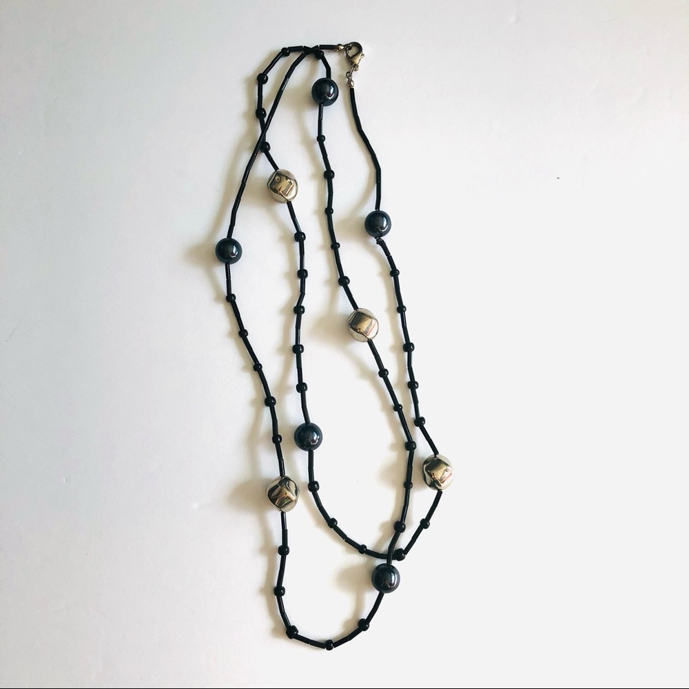 Long Black Silver Beaded Necklace Strand